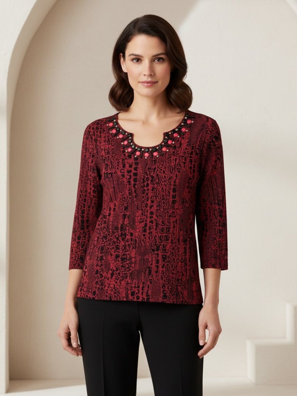Ruby Rd M Knit Top Red‎ Black Snake Print Beaded Neck Office Siren Boho Mob Wife